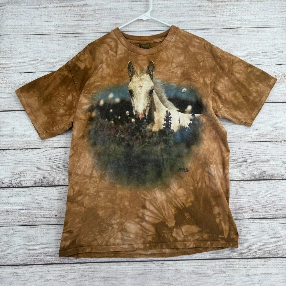 The Mountain T-Shirt Mens Large Brown Tie Dye Horse Nature Graphic Vintage 1999